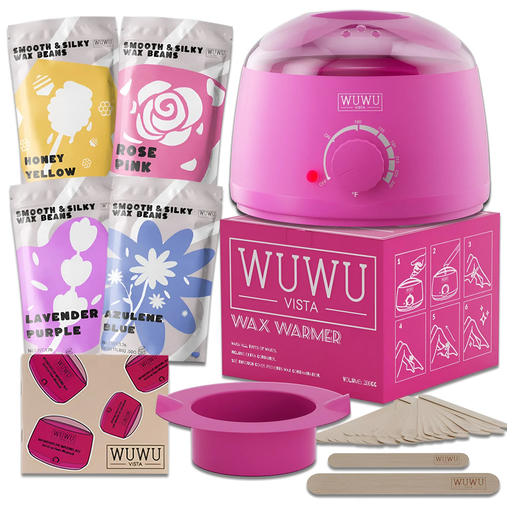 27-piece hair removal waxing kit showing wax beads, electric warmer and applicator sticks