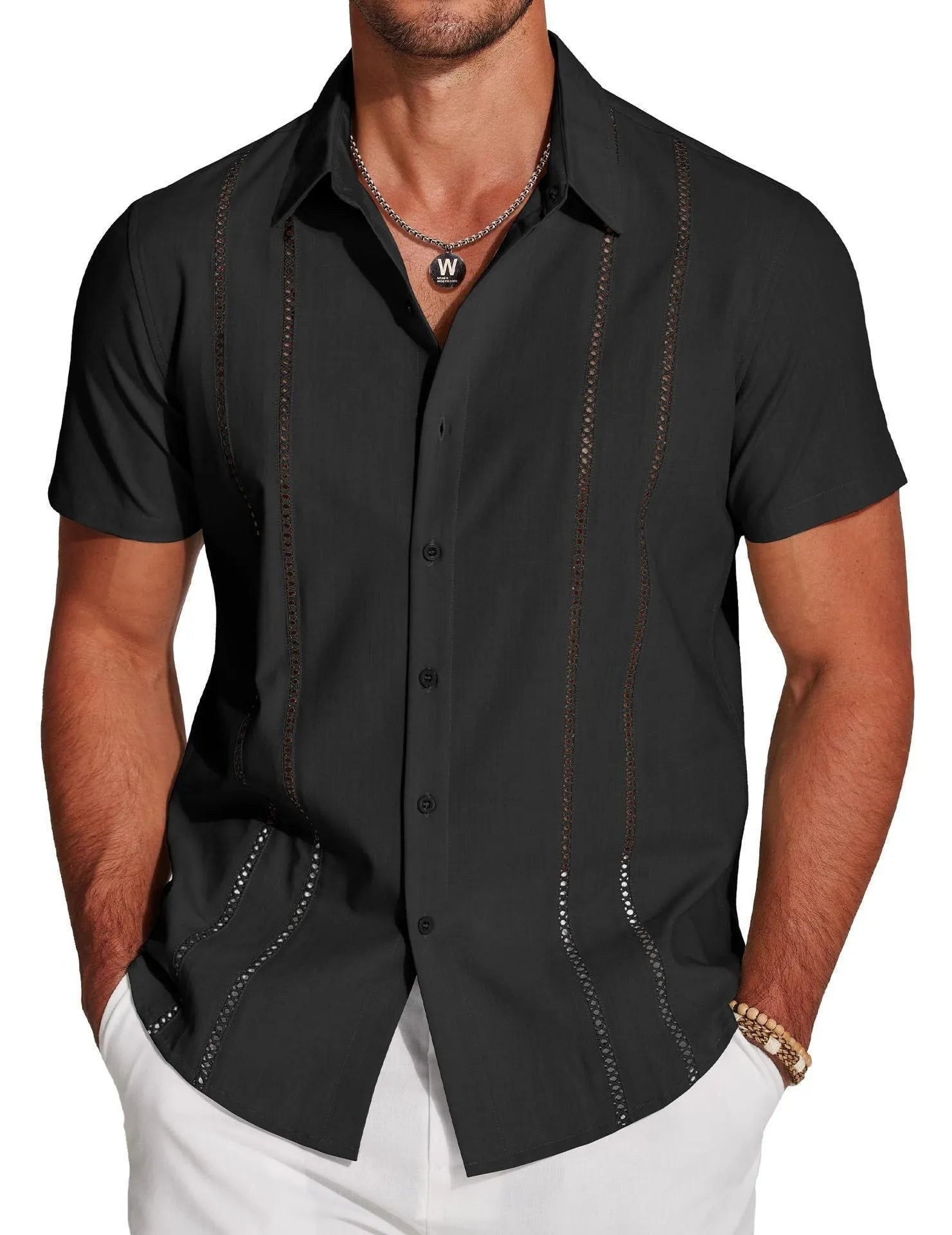 Men's slim fit Hawaiian short sleeve shirt with digital print pattern.