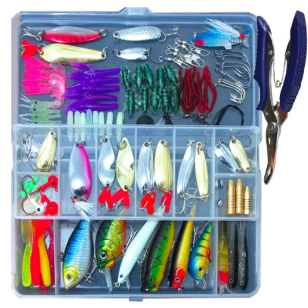 132-piece fishing lure set with plastic baits and high carbon steel hooks in rose red colour