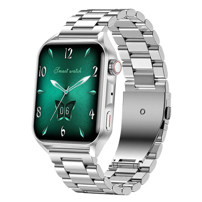 Smart watch with AMOLED touch screen and silicone strap showing multiple dial display options
