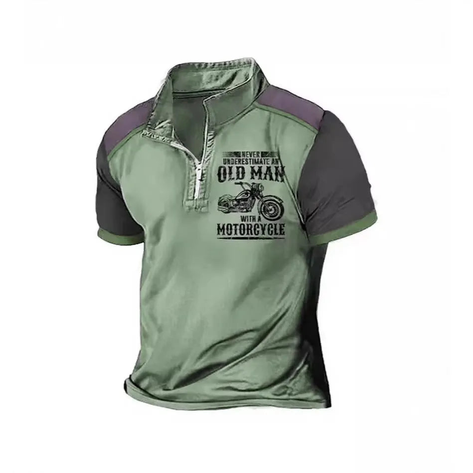 Men's grey casual polo shirt with a lapel collar and large white digital letter print on the front.
