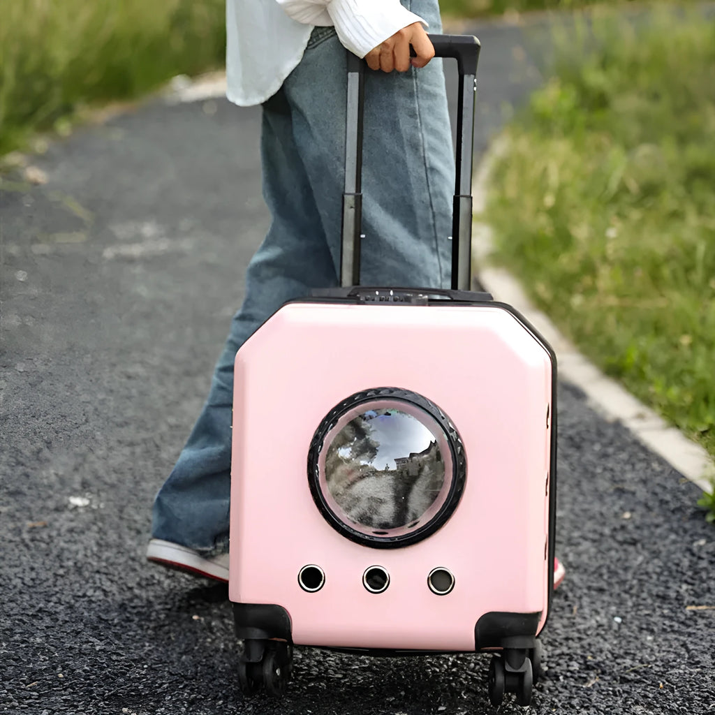 Hard-sided PVC pet flight trolley case for cats in burgundy colour with wheels