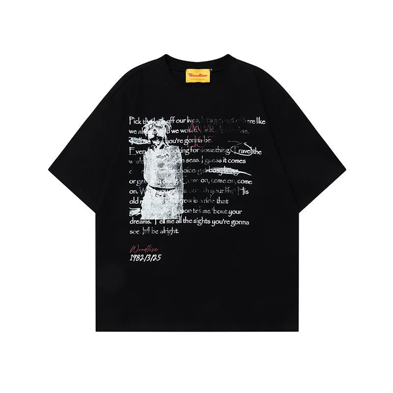 Men's black hip hop style cotton t-shirt with printed letters design and loose fit