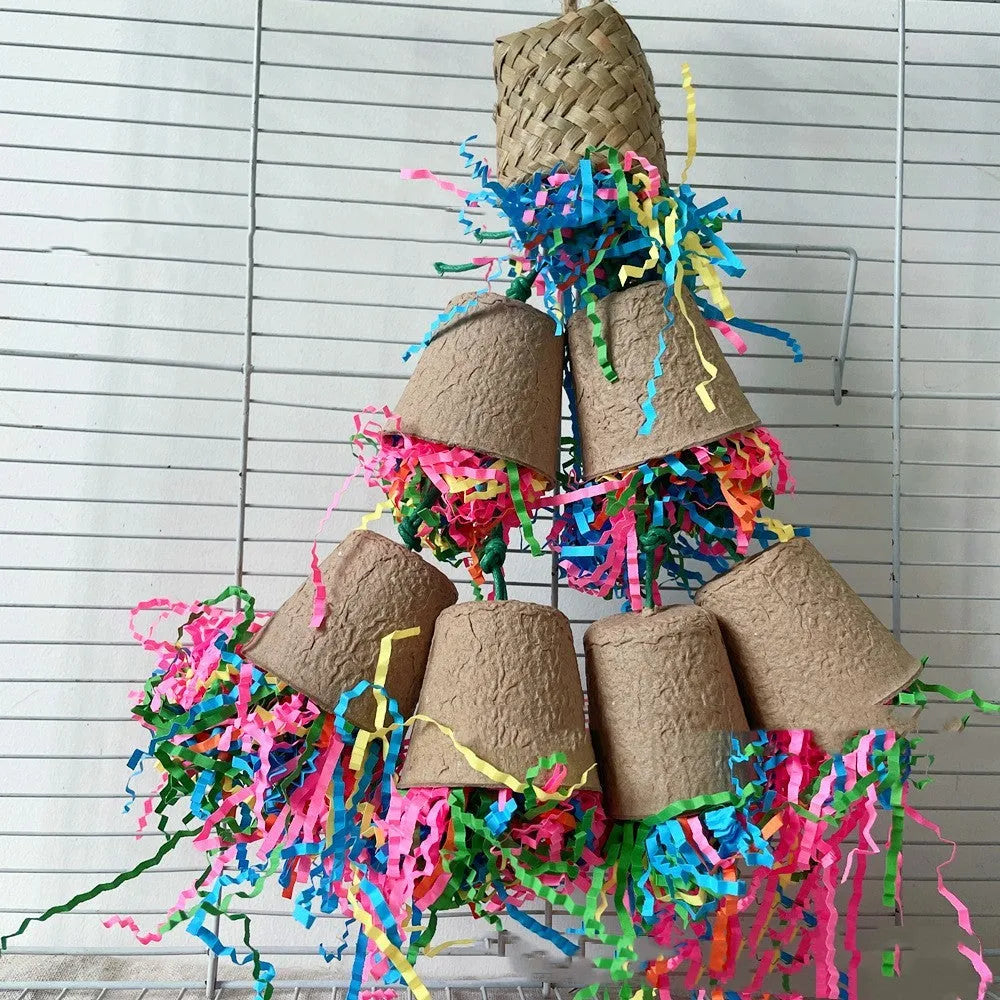 Palm leaf woven paper cup shaped parrot gnawing toy hanging at 38cm height