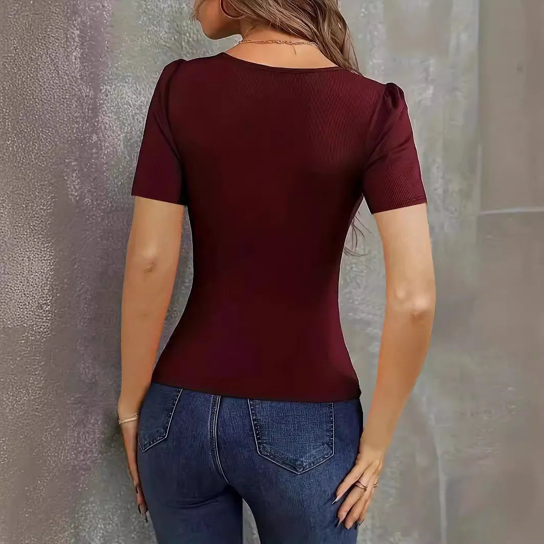 Women's knitted short sleeve top in slim fit with low neckline, available in wine red, black, and green