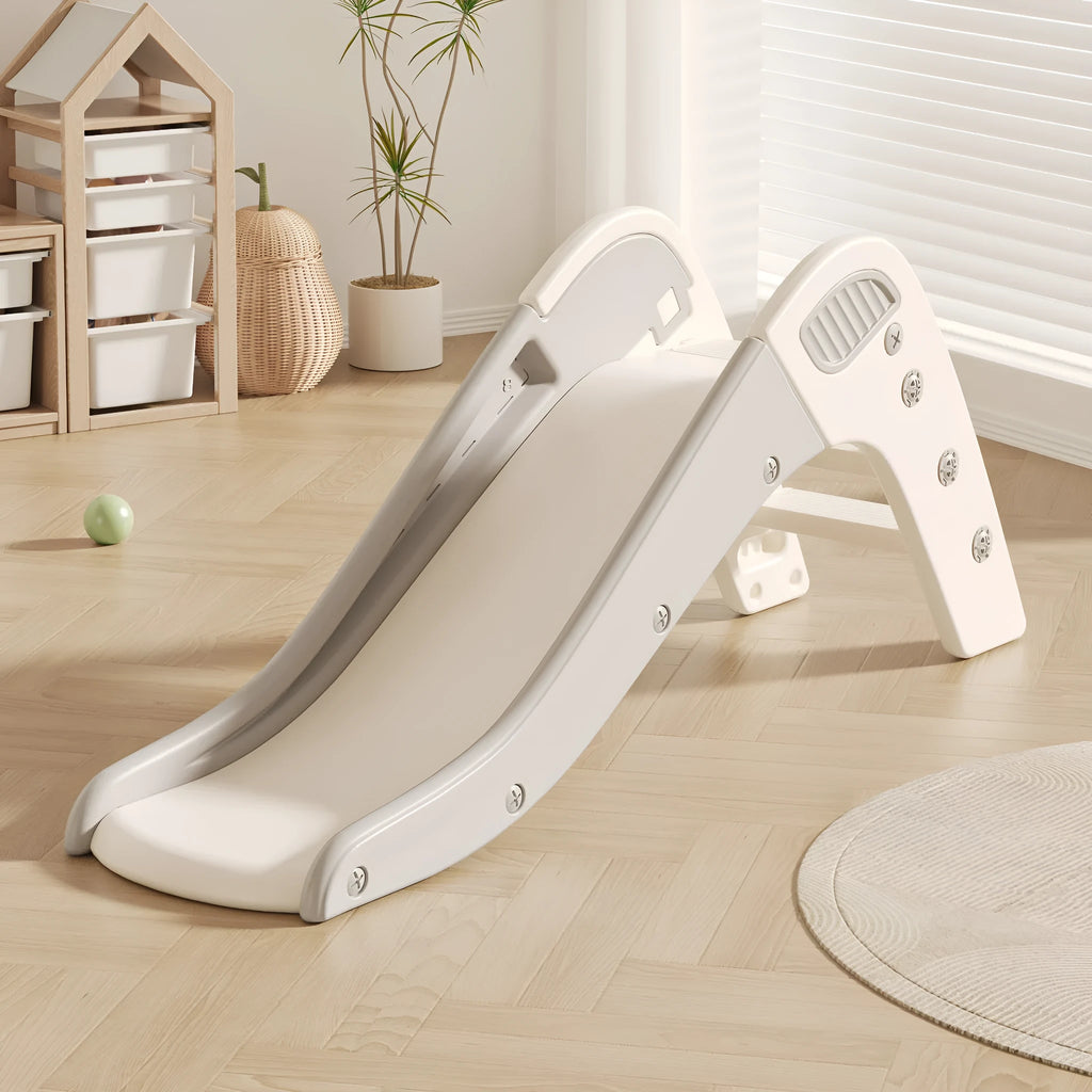Small plastic baby slide in blue, yellow, brown, or grey for indoor play.