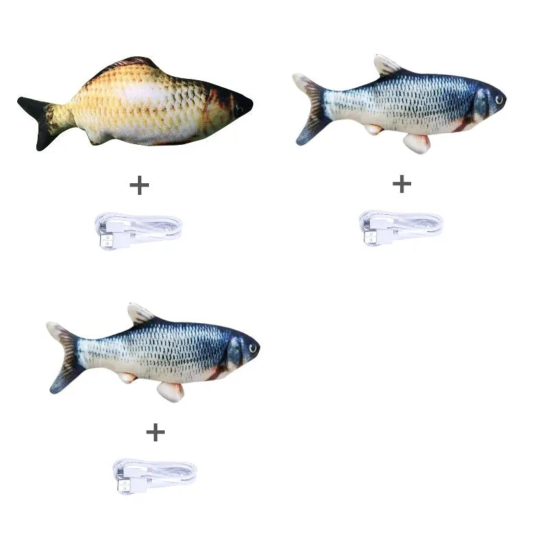 Electric jumping fish simulation cat toy showing multicolor options and USB charging cable.