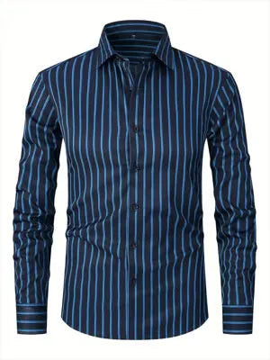 Men's striped ice silk polyester business shirt with slim fit on Asian mannequin showing XXS to XL sizing