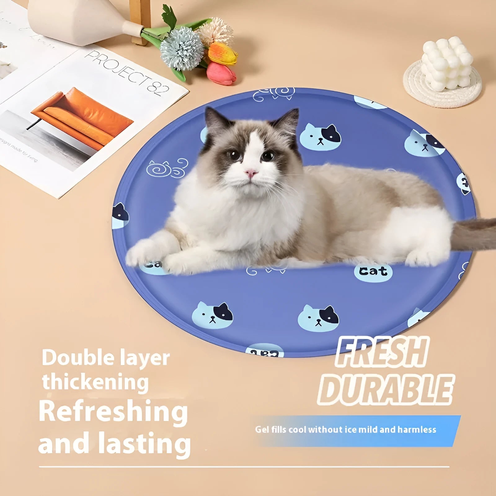 Round pet cooling mat with colourful cartoon design for dogs, showing gel filling and cloth cover