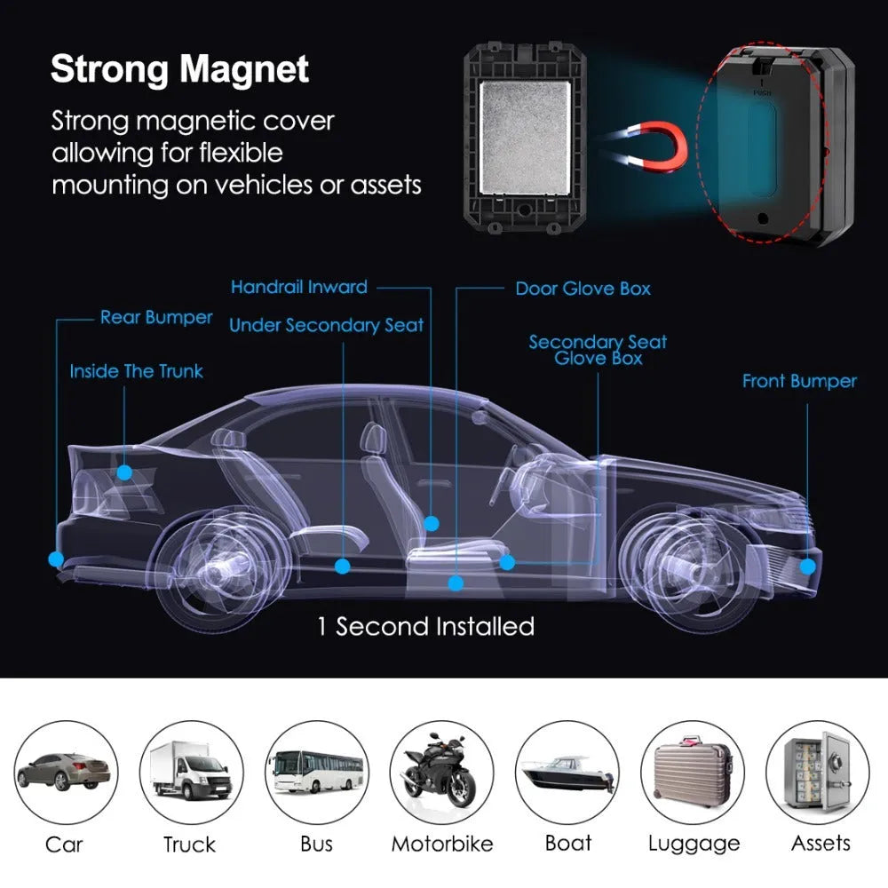 Black GPS car locator device with 6000mAh battery for long standby life.
