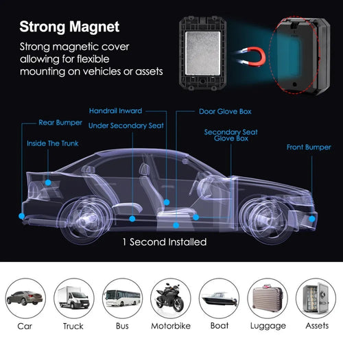 Black GPS car locator device with 6000mAh battery for long standby life.