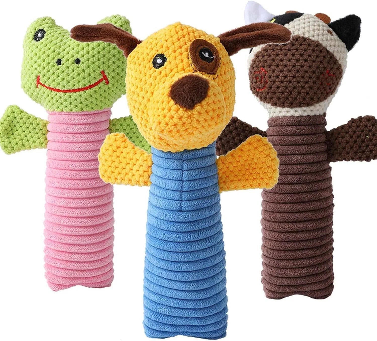 A cloth stuffed animal dog chew toy with a squeaker, shown next to a ruler measuring 19 cm in length.