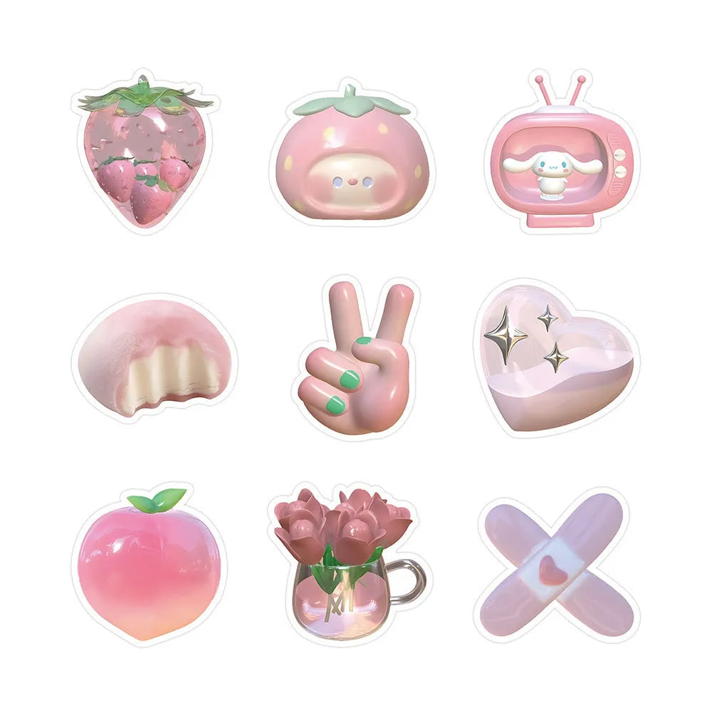 Pink girly heart decorative stickers pack with 63 pieces, showing 3D realistic effect in a cute style.