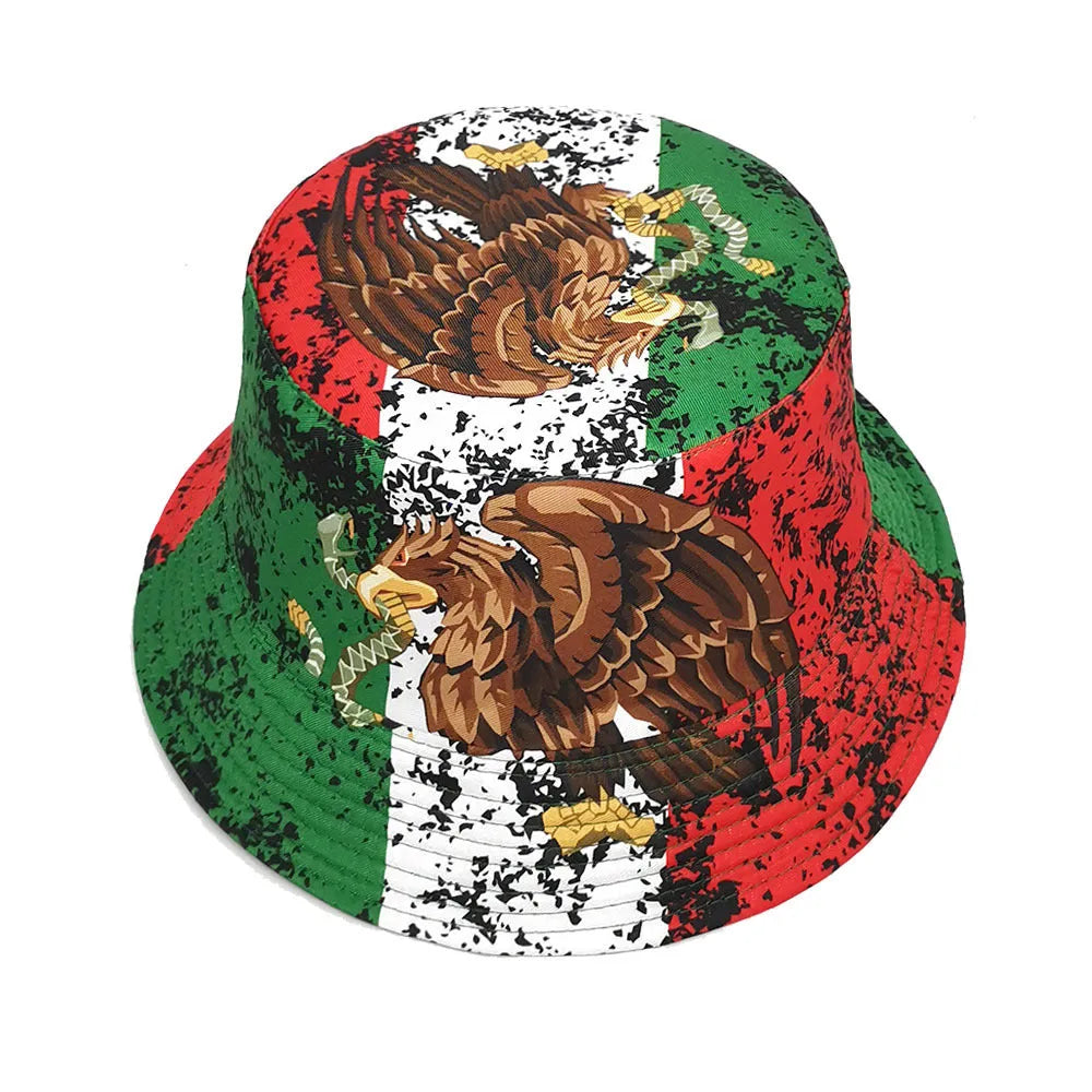 Eagle pattern retro bucket hat in polyester fabric, size M 56-58cm, dome crown style.