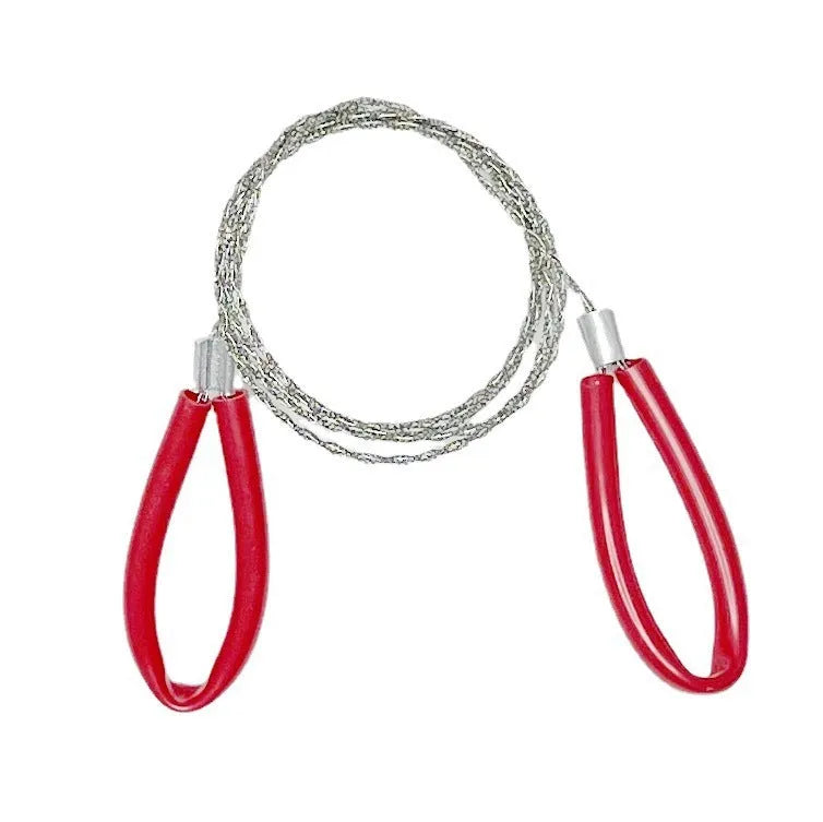 Survival wire saw with leather hand case showing steel wire construction and compact design