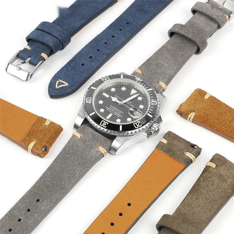 Genuine suede leather watch strap in brown, shown fitted to a watch with a 20mm lug width.