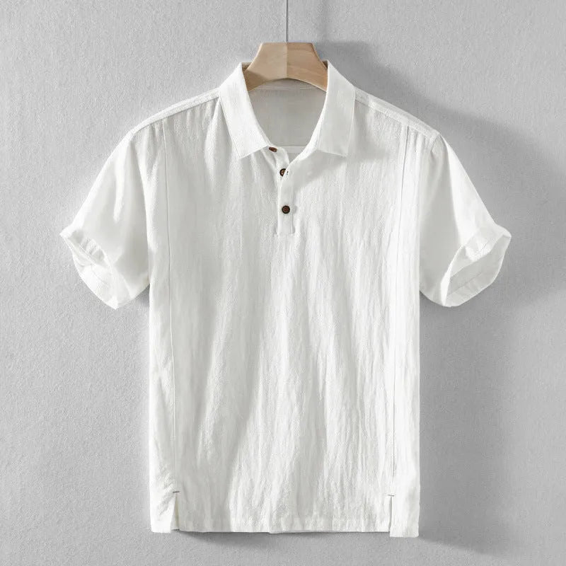 Men's loose fit linen casual shirt in solid colours on a hanger