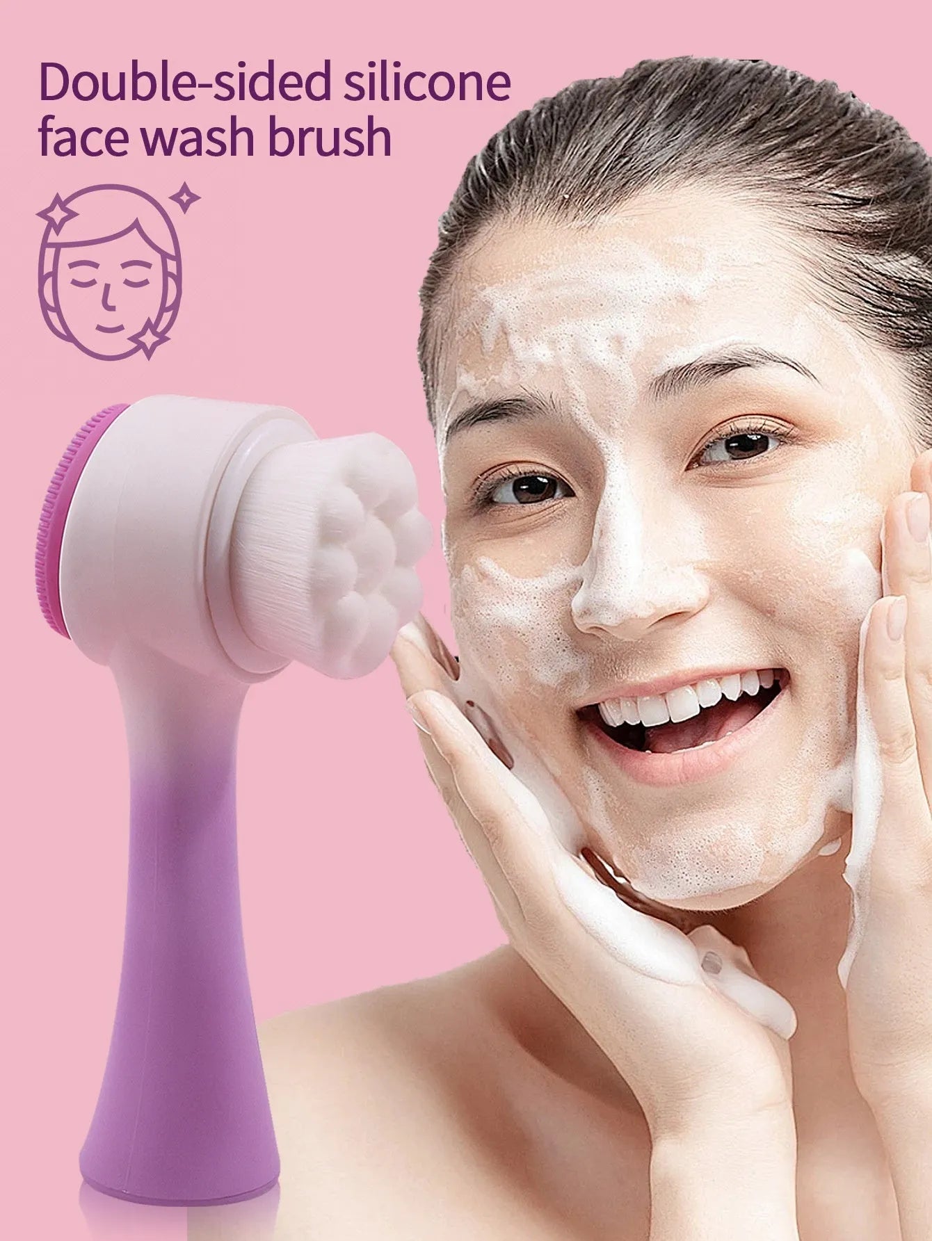 Keep dry facial brush set with plastic handle, coral fleece hair band, and stack of purple and pink face wash sponge suits.