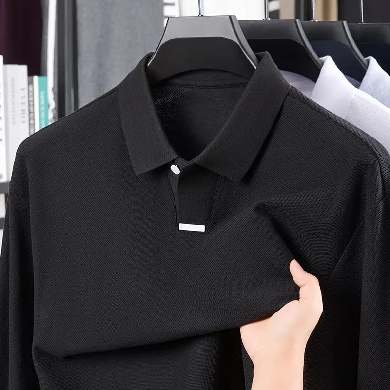 Men's asymmetric lapel polo shirt in cotton fabric with loose fit long sleeves
