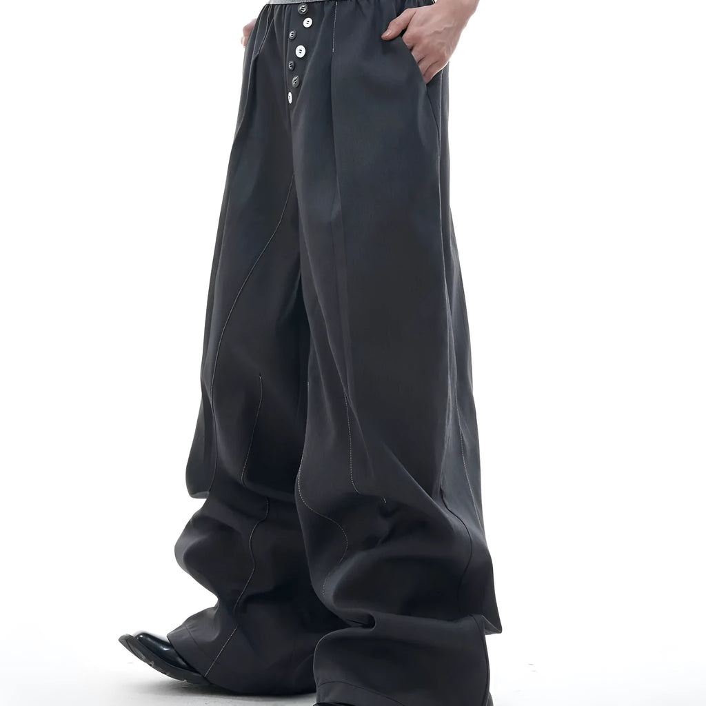 Straight-leg high-waist trousers with button-open line design in black and grey colours