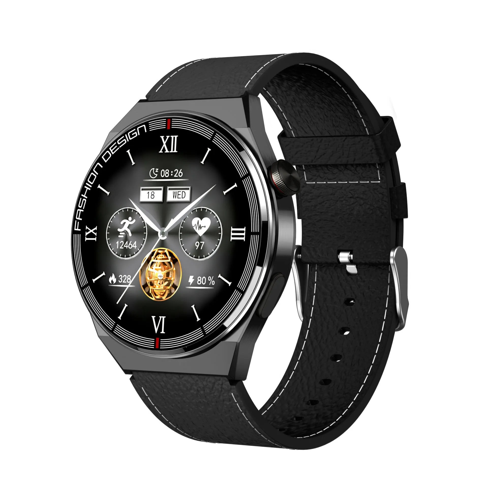 Black smartwatch with 46mm case on silicone strap showing heart rate monitoring display