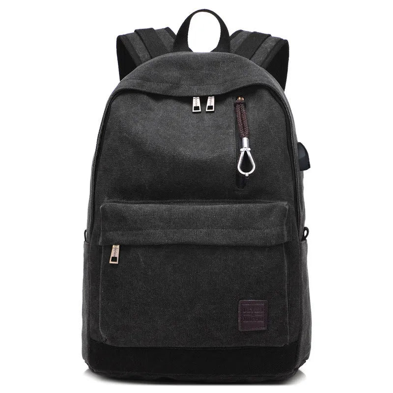 Canvas backpack with USB charging port shown in khaki colour