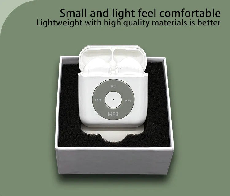White wireless Bluetooth earphones with charging case on a white background.