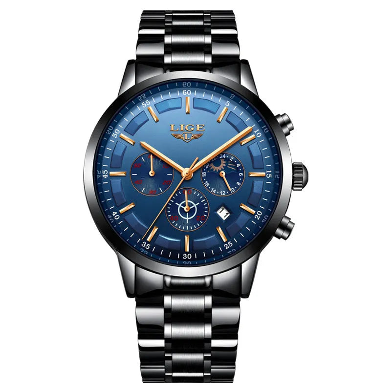 Men's waterproof quartz sports business watch in black colour options with 12mm thickness