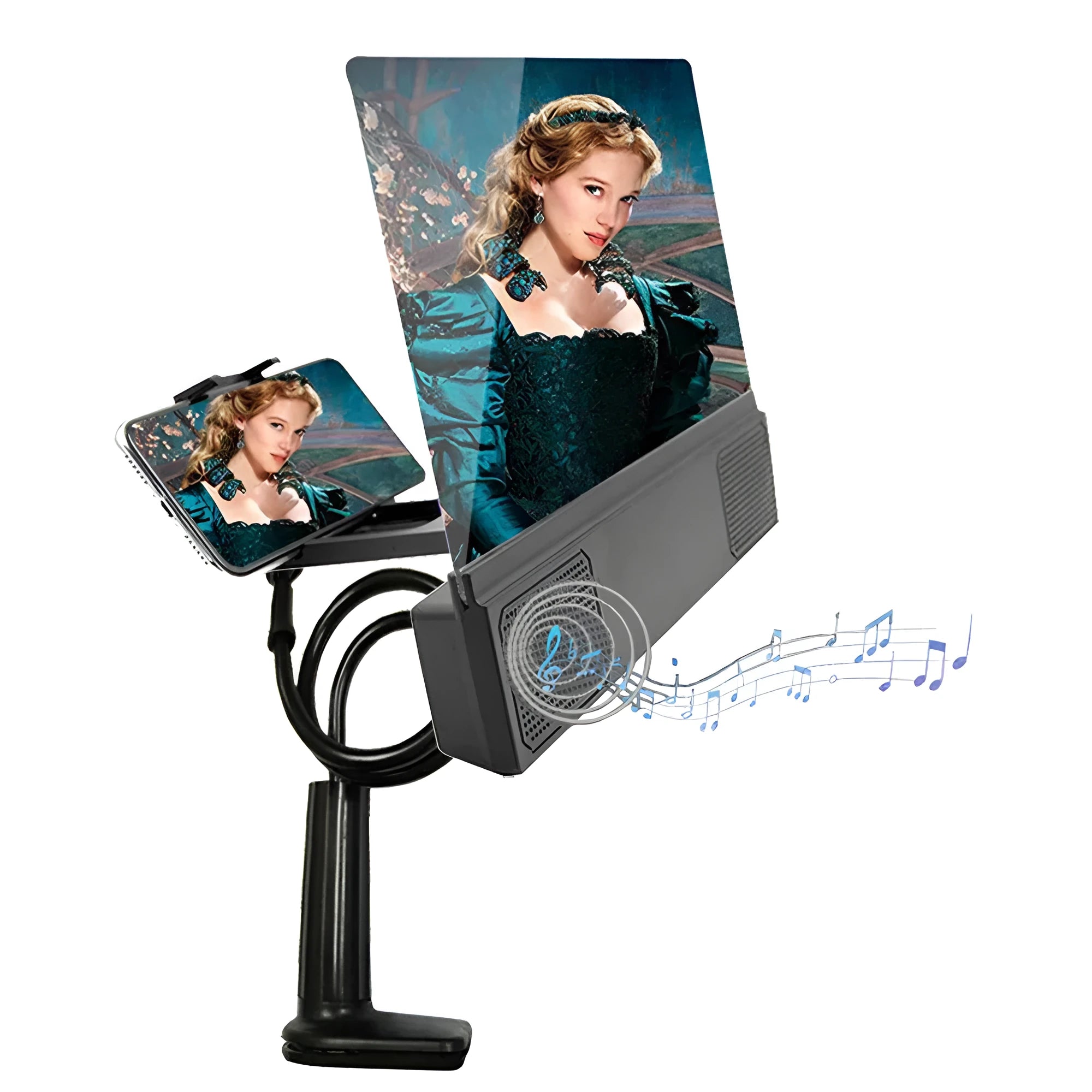 12-inch mobile phone screen amplifier with built-in speakers and adjustable gooseneck stand folded for storage