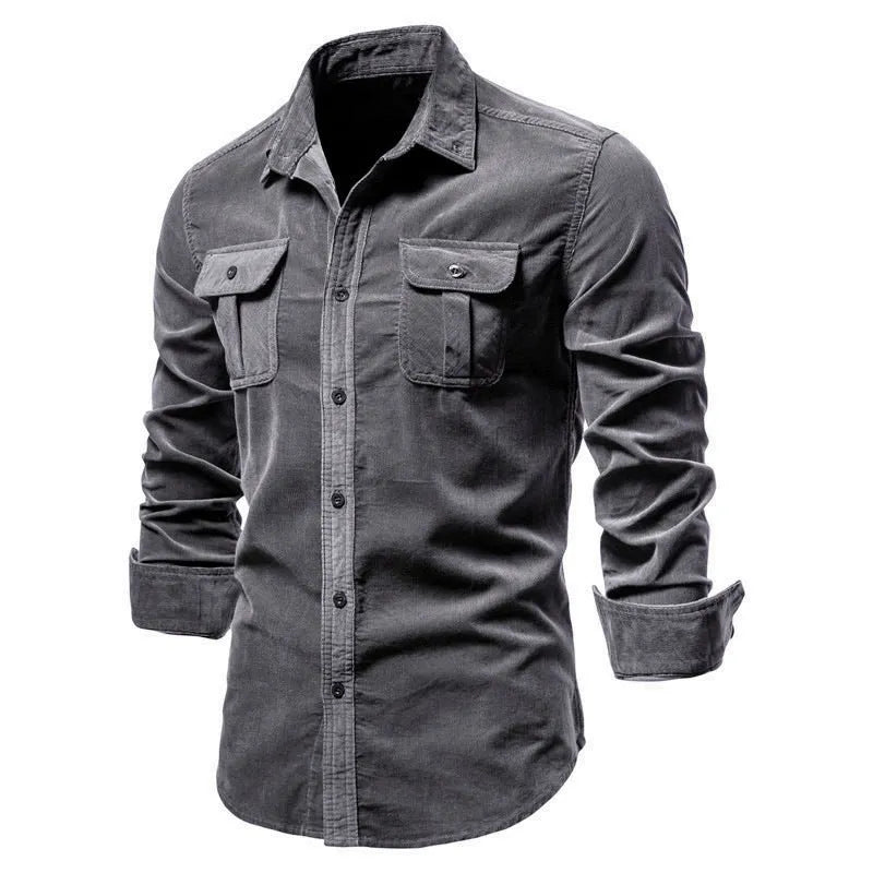 Men's denim blue long sleeve linen button-up shirt laid flat, showing button front and casual style.