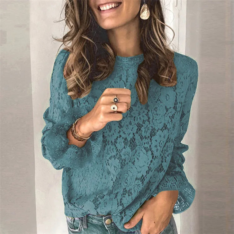 Women's hollow lace shirt loose fit streetwear in multiple colours with round neck collar