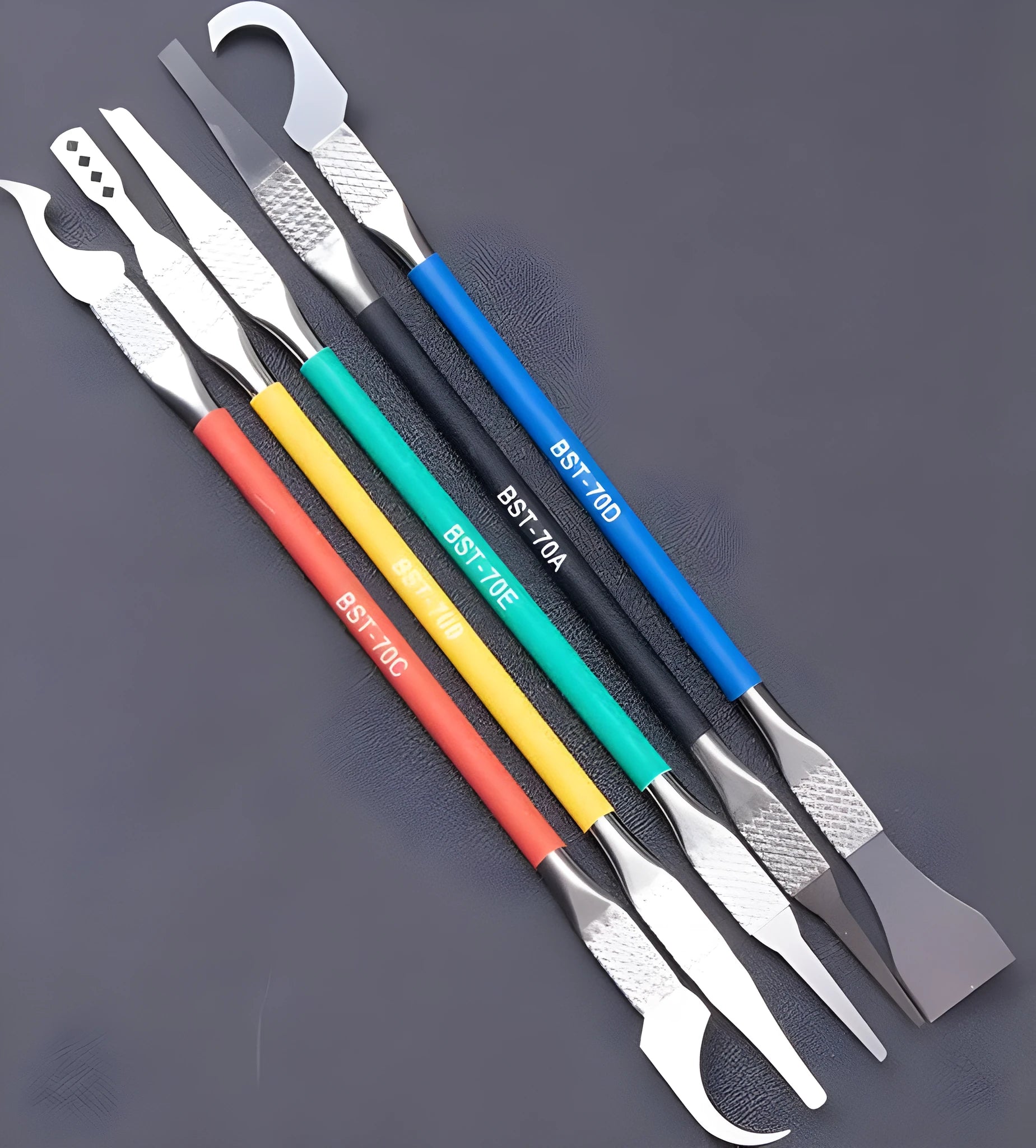 Stainless steel five-piece tool knife and crowbar set for dismantling plastic components.