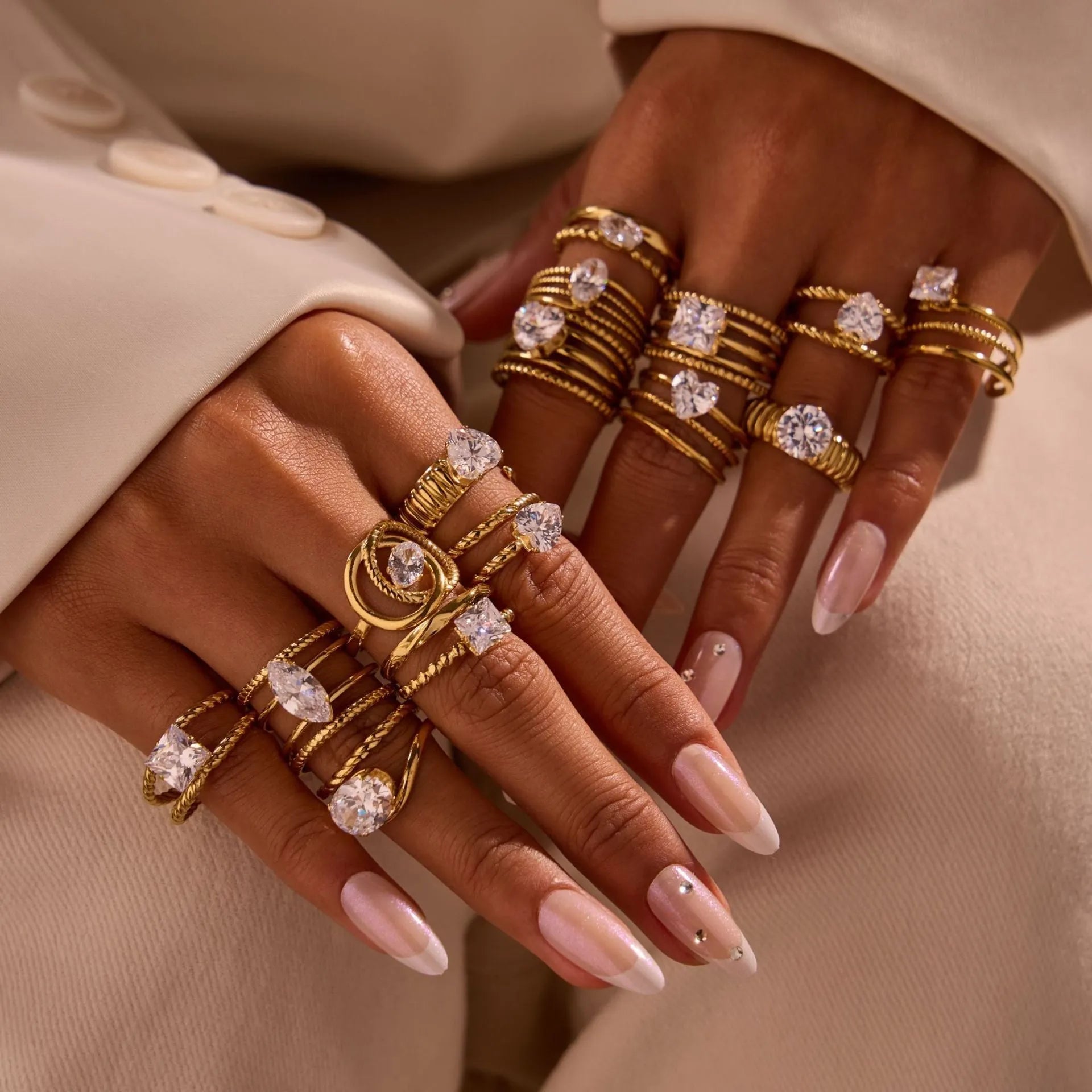 Gold inlaid zircon stainless steel ring with geometric designs and adjustable open-mouth construction