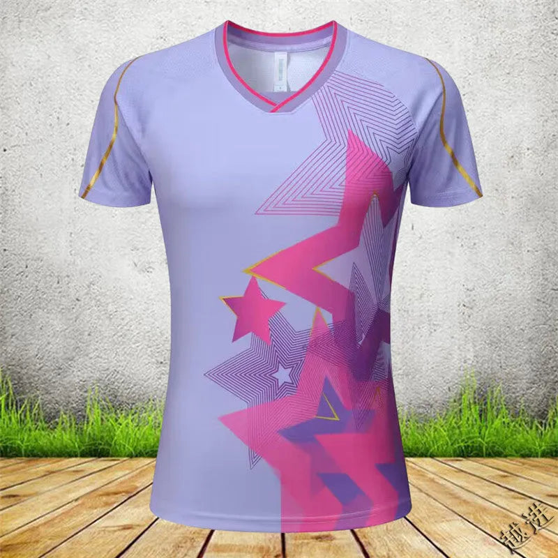 Man and woman wearing short-sleeved blue and purple badminton sportswear outfits, consisting of a top and trousers.