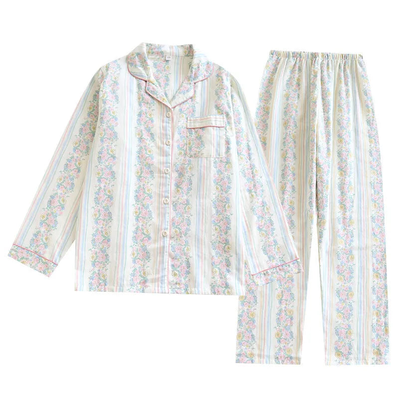 Japanese-style ladies' cotton gauze homewear set with long sleeves and trousers in colour stripe or fruit print patterns