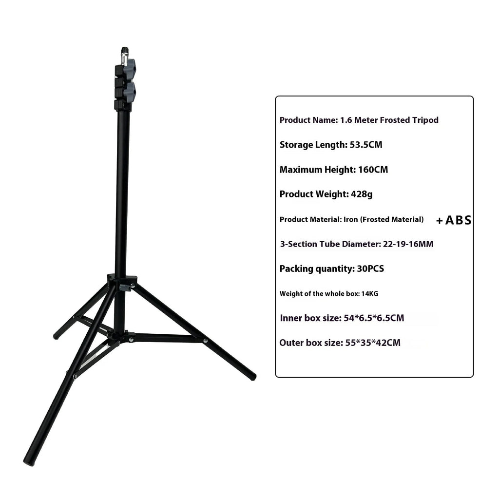 Frosted finish tripod light stand with mobile phone holder mounted, showing carbon steel construction and adjustable legs