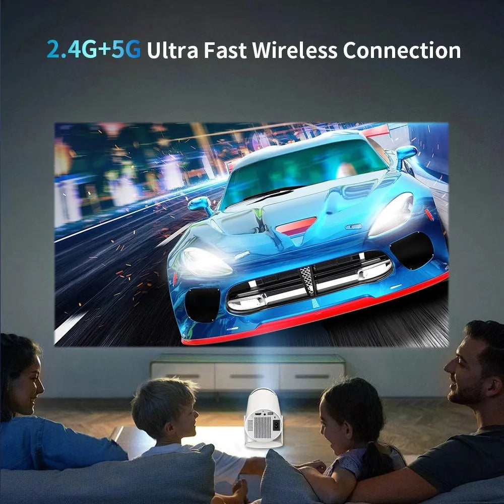 White barrel-shaped X10 PLUS portable smart projector with gamepad and remote control for home wall projection