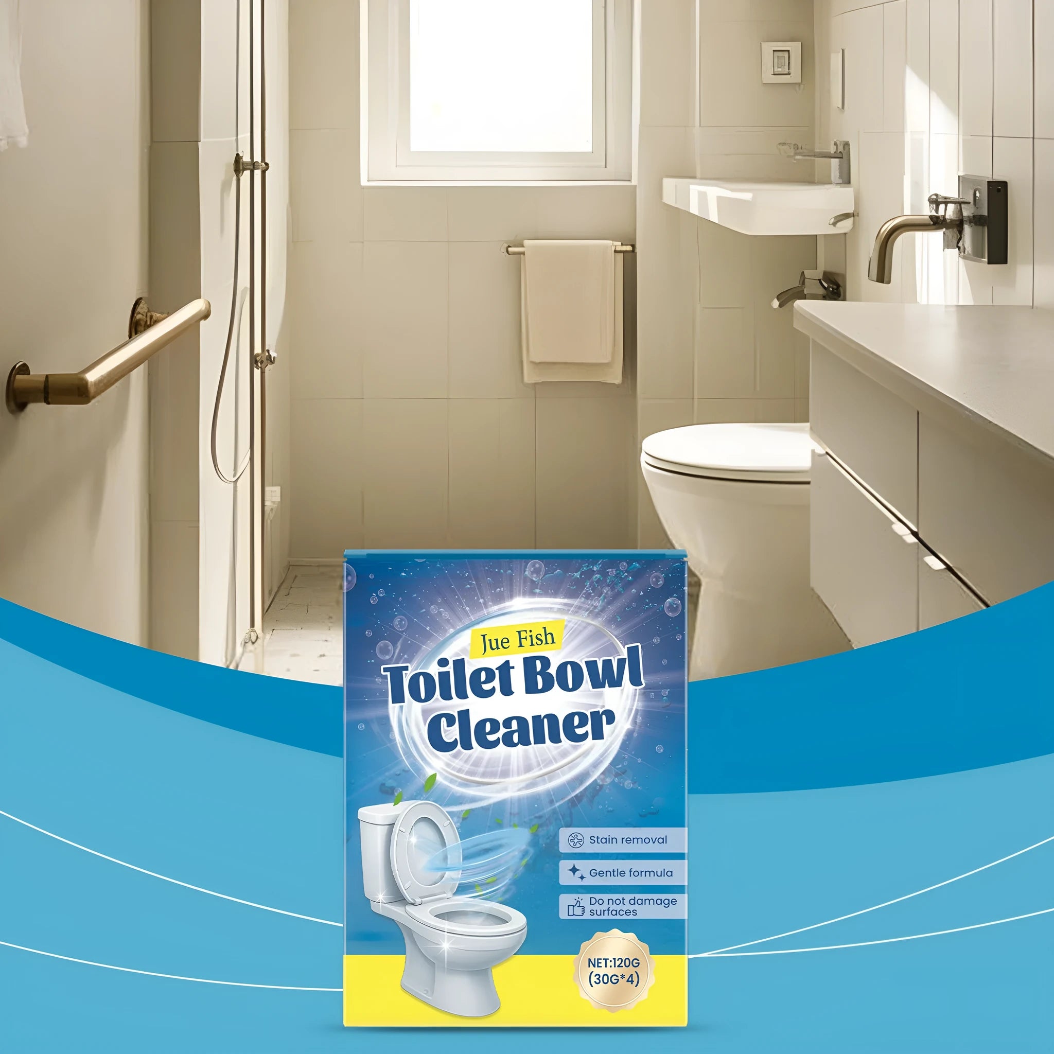 Toilet cleaning powder sachets for descaling and stain removal with sodium bicarbonate and citric acid formula
