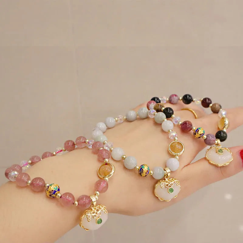 Geometric ethnic style jade bracelet with three-dimensional metal decorations in grey jade or strawberry quartz