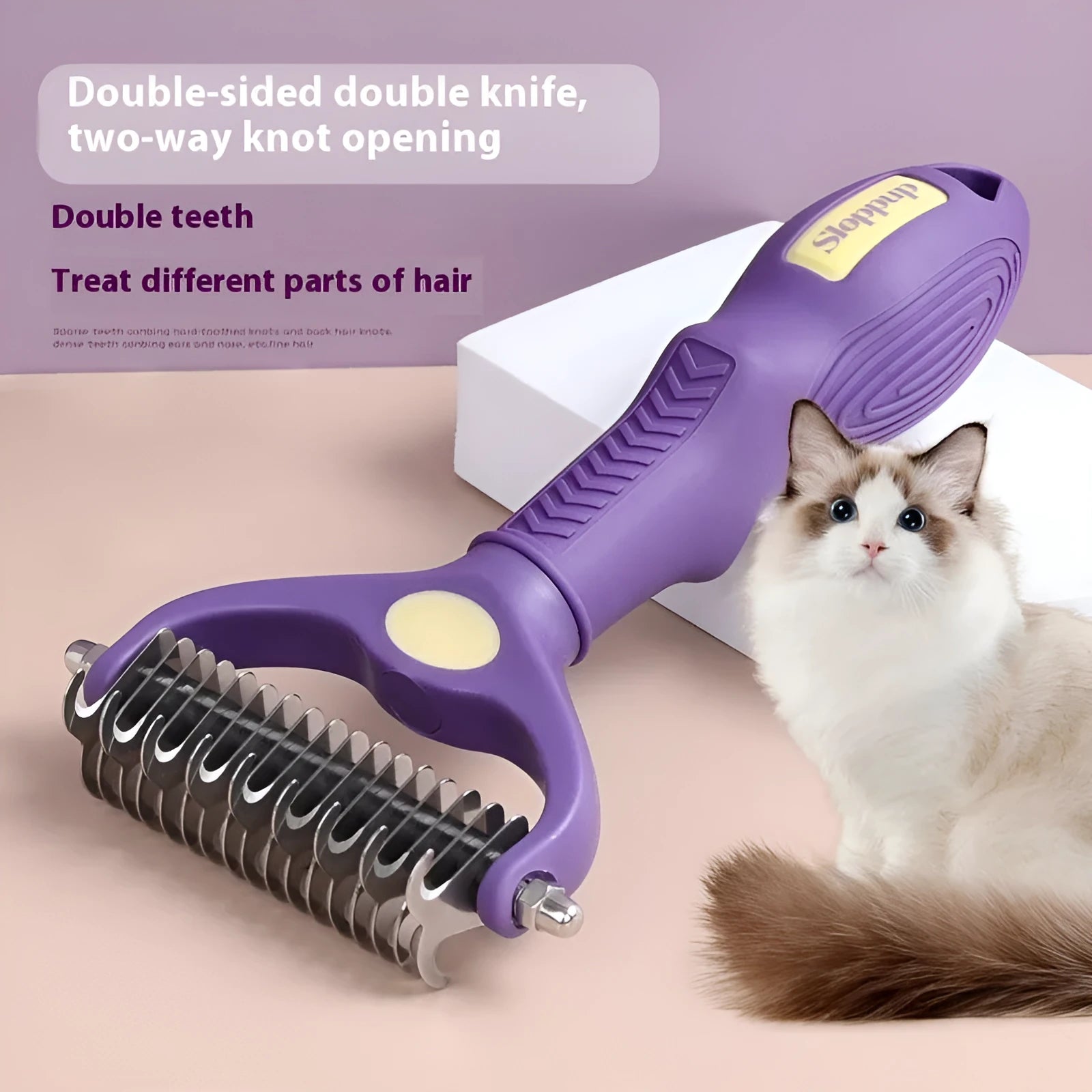 Purple plastic double-sided pet grooming comb for removing tangles and knots