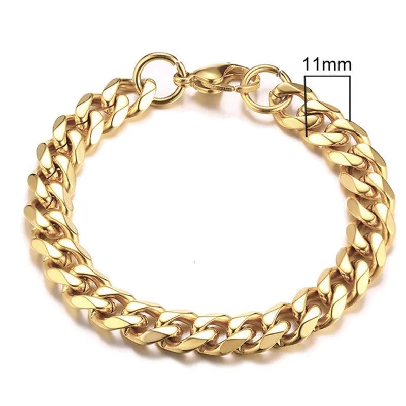 Six-sided geometric Cuban link metal bracelet in gold colour, shown in various widths.