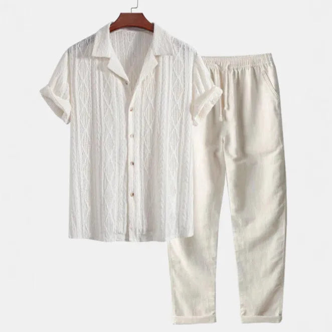 Linen polyester casual suit set with digital camouflage print, showing short sleeve shirt and trousers in slim fit