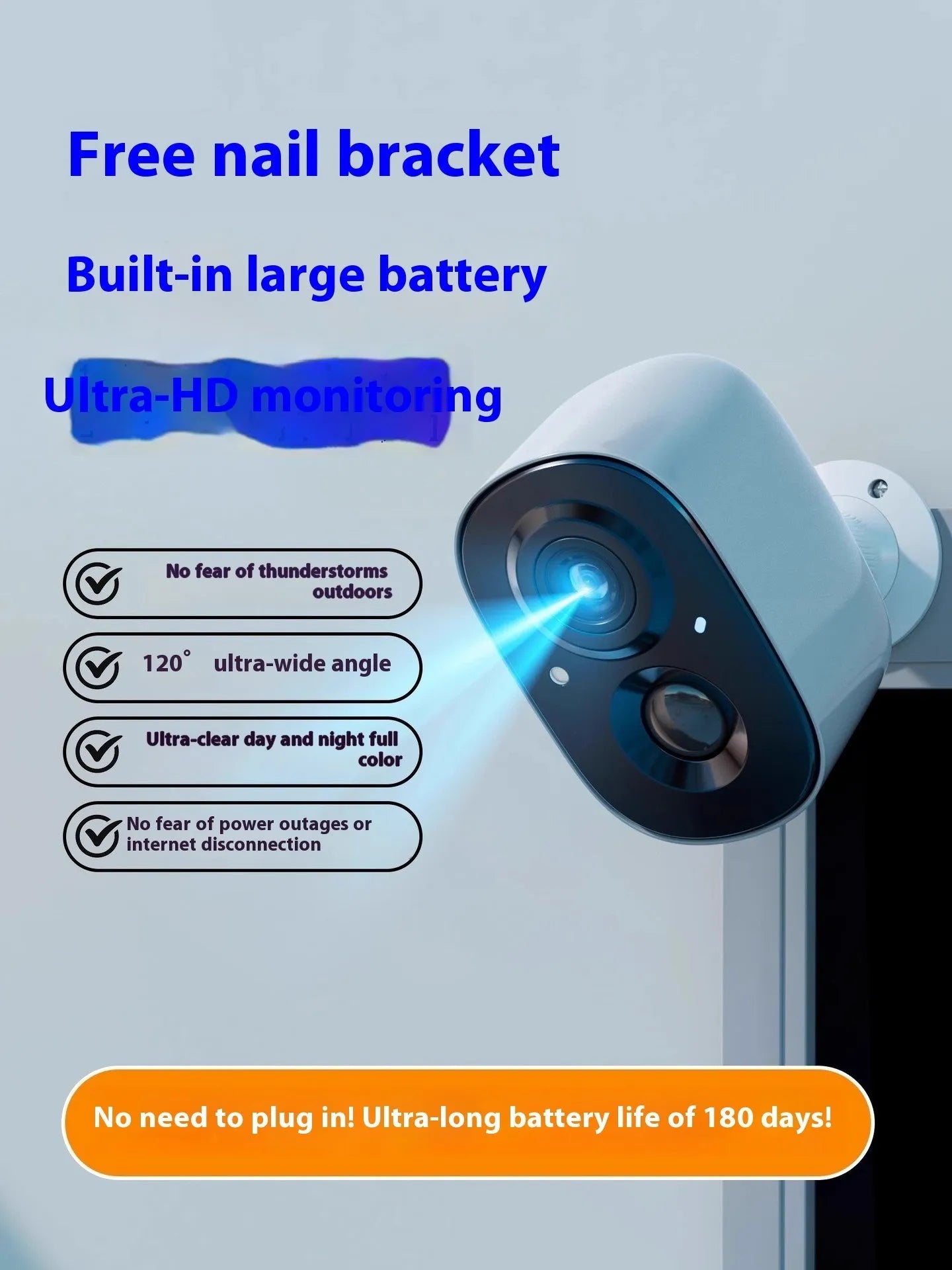 Wireless battery surveillance camera with self-contained bracket for indoor security monitoring