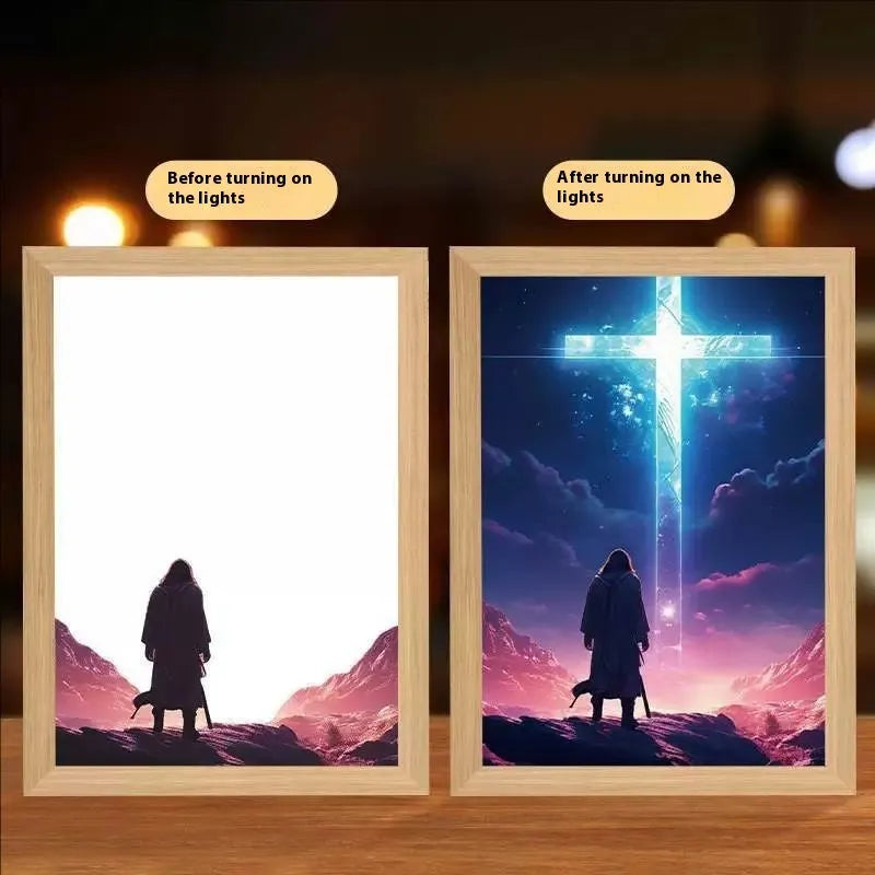 Modern rectangular LED light painting wall art with handmade frame showing illuminated design