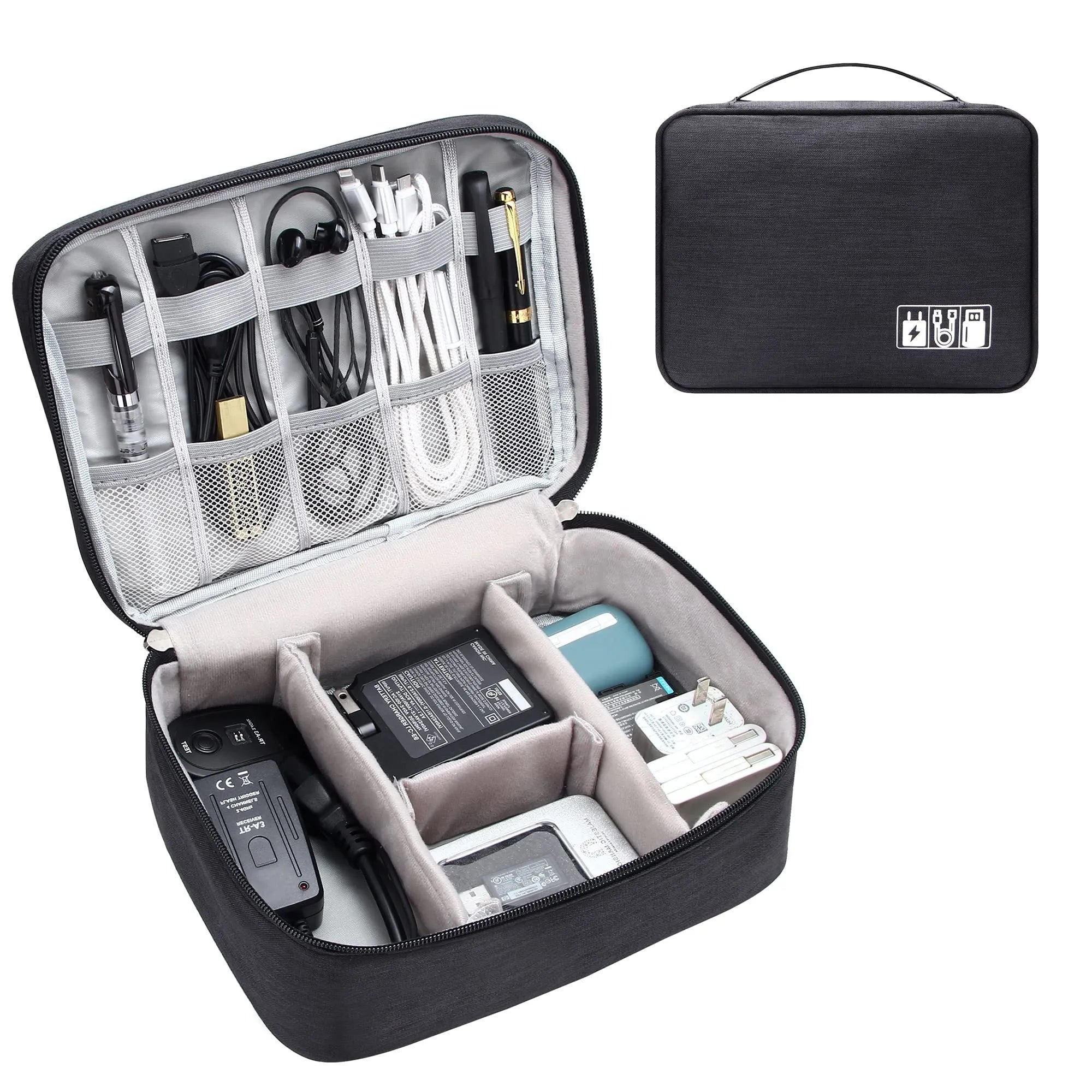 Black waterproof travel cable organiser bag open to show removable dividers and mesh pockets for electronics.