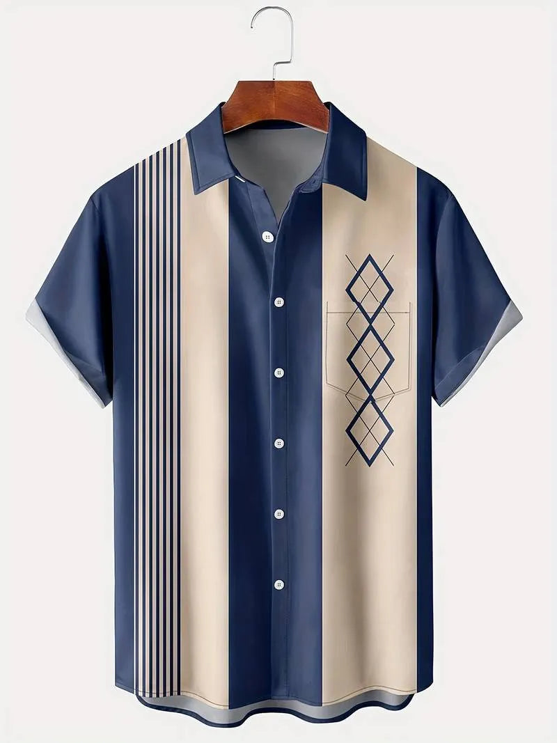 Man wearing a loose-fit plaid short-sleeved shirt with a lapel collar in a contrast colour pattern.