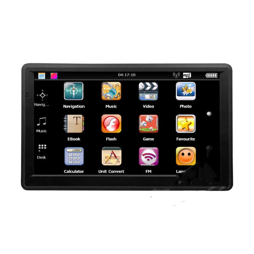 7 inch car GPS navigation device with touch screen displayed on a dashboard mount