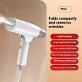 Blue and white handheld garment steamer with compact design and water tank for household clothes care