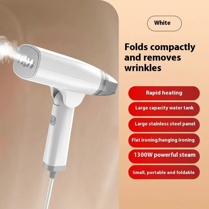 Blue and white handheld garment steamer with compact design and water tank for household clothes care