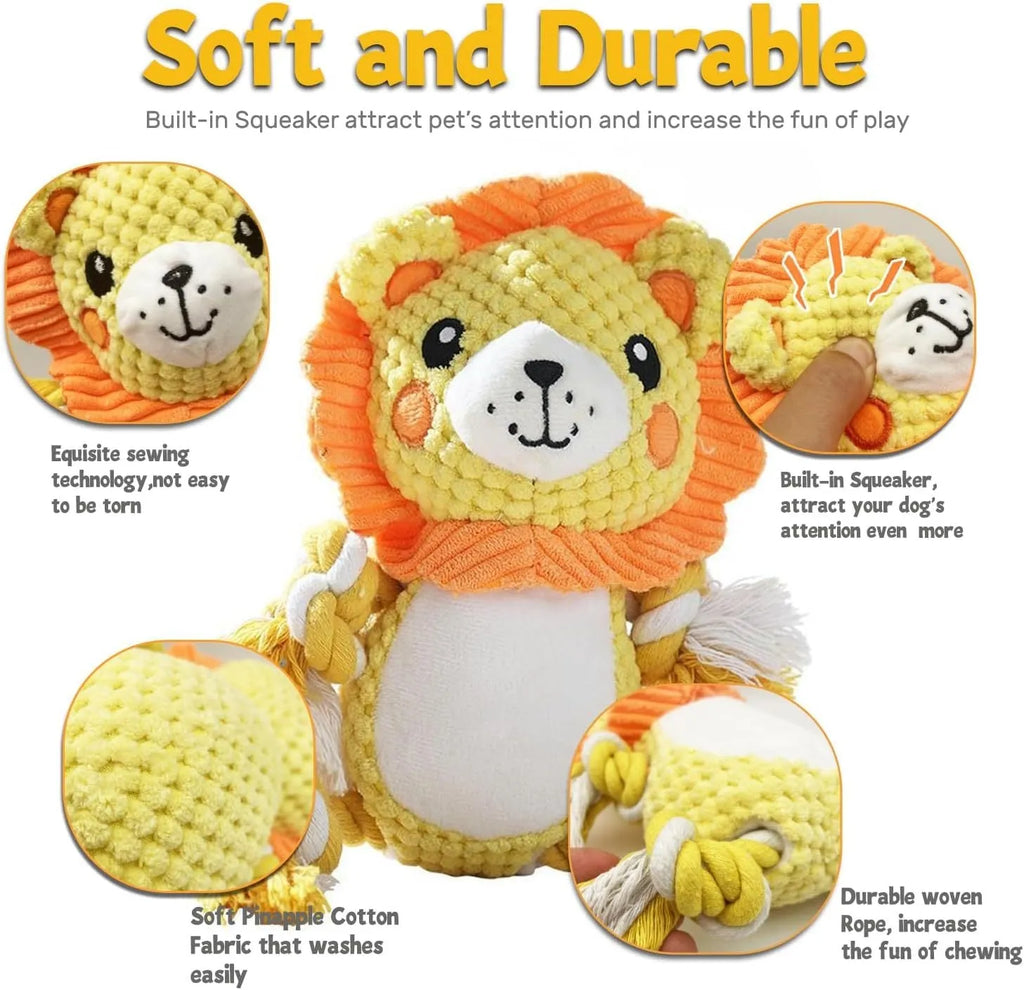 Lion and monkey soft plush squeaky dog toys side by side.